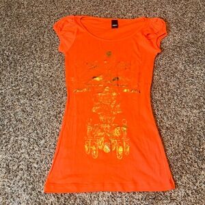 OBEY Graphic T Shirt Top Orange Gold Print Puff Sleeve Medium‎ Womens